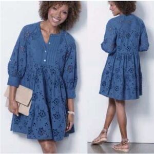dRA Los Angeles Yara Medium Teal Blue Eyelet Dress 3/4 Sleeves With Slip